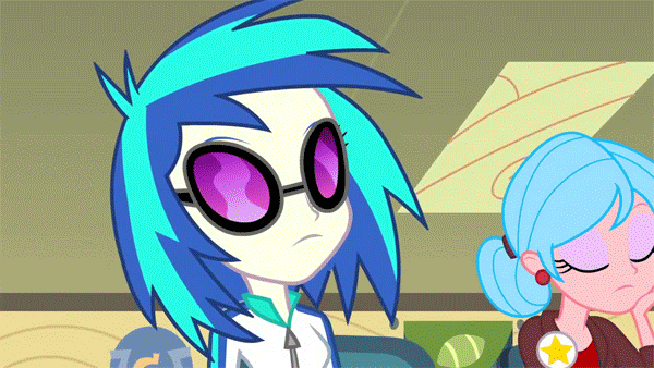 Size: 600x338 | Tagged: safe, screencap, character:applejack, character:dj pon-3, character:vinyl scratch, equestria girls:equestria girls, g4, my little pony:equestria girls, animated, gif, helping twilight win the crown