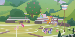 Size: 1366x680 | Tagged: safe, screencap, character:berry blend, character:berry bliss, character:fluttershy, character:november rain, character:pinkie pie, character:rainbow dash, character:smolder, character:snails, character:summer breeze, episode:2-4-6 greaaat, angry, ball, bleachers, blindfold, blindfolded, buckball, bucket, bush, cap, clothing, fence, field, flying, food, friendship student, hat, levitation, magic, outdoors, plank, planks, popcorn, self-levitation, sitting, telekinesis, tree, upset, whistle, wooden fence