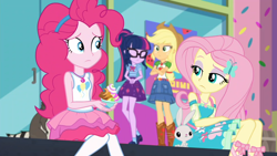 Size: 1600x900 | Tagged: safe, screencap, character:angel bunny, character:applejack, character:fluttershy, character:pinkie pie, character:twilight sparkle, character:twilight sparkle (scitwi), species:eqg human, episode:tip toppings, g4, my little pony:equestria girls, female, geode of fauna, geode of sugar bombs, geode of telekinesis, magical geodes, sad, tip toppings: fluttershy