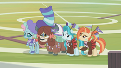 Size: 1360x768 | Tagged: safe, screencap, character:lighthoof, character:ocellus, character:shimmy shake, character:yona, species:changedling, species:yak, episode:2-4-6 greaaat, bow, clothing, cloven hooves, face paint, female, fence, field, flag, hair bow, hat, monkey swings, outdoors, pleated skirt, ponytail, ribbon, scarf, skirt, sweater, top hat, whistle, wig