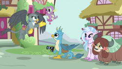 Size: 1334x750 | Tagged: safe, screencap, character:gabby, character:gallus, character:silverstream, character:spike, character:yona, species:dragon, species:griffon, species:hippogriff, species:yak, episode:dragon dropped, g4, my little pony: friendship is magic, bag, camera, cute, diastreamies, female, flying, gabbybetes, gallabetes, male, saddle bag, shipping fuel, wide eyes, winged spike, wings, yonadorable