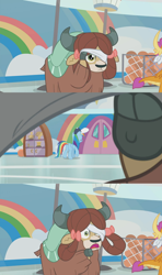 Size: 1356x2284 | Tagged: safe, screencap, character:rainbow dash, character:smolder, character:yona, species:yak, episode:2-4-6 greaaat, ball, blindfolded, bow, bucket, clothing, cloven hooves, door, female, gym, hair bow, hat, monkey swings, one eye covered, peeking, peeping, rainbow, surprised