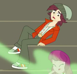 Size: 396x380 | Tagged: safe, screencap, character:cheerilee, character:normal norman, episode:sock it to me, g4, my little pony:equestria girls, background human, clothing, female, foot odor, hat, male, pants, shoes, smelly, smelly sock, sneakers, sock it to me: bulk biceps