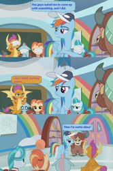Size: 1366x2056 | Tagged: safe, edit, edited screencap, screencap, character:lighthoof, character:ocellus, character:rainbow dash, character:shimmy shake, character:smolder, character:yona, species:changedling, species:changeling, species:dragon, species:earth pony, species:pegasus, species:pony, species:reformed changeling, species:yak, episode:2-4-6 greaaat, ball, baseball cap, blindfold, blindfolded, cabinet, cap, clothing, cloud, coach rainbow dash, dialogue, door, dragoness, female, flying, giving up, gym, hat, mare, pleated skirt, ponytail, rainbow, screencap comic, skirt, speech bubble, trophy, whistle