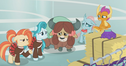 Size: 1366x716 | Tagged: safe, screencap, character:lighthoof, character:ocellus, character:shimmy shake, character:smolder, character:yona, species:changedling, species:changeling, species:dragon, species:earth pony, species:pony, species:reformed changeling, species:yak, episode:2-4-6 greaaat, bow, cheerleader outfit, clothes hanger, clothing, cloven hooves, dragoness, female, gym, hair bow, hay, hay bale, mare, nervous, pleated skirt, pom pom, ponytail, raised hoof, sad, skirt, worried