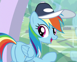 Size: 748x606 | Tagged: safe, screencap, character:rainbow dash, species:pegasus, species:pony, episode:2-4-6 greaaat, coach rainbow dash, coaching cap, cropped, female, folded wings, looking back, magenta eyes, mare, multicolored hair, open mouth, plot, raised eyebrow, raised hoof, smiling, solo, talking, whistle necklace