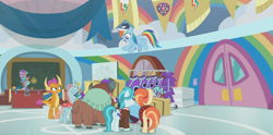Size: 1366x676 | Tagged: safe, screencap, character:lighthoof, character:ocellus, character:rainbow dash, character:shimmy shake, character:smolder, character:snips, character:yona, species:changedling, species:changeling, species:dragon, species:earth pony, species:pegasus, species:pony, species:reformed changeling, species:yak, episode:2-4-6 greaaat, banner, baseball cap, cabinet, cap, chalkboard, chest, clothing, cloud, coach rainbow dash, colt, door, dragoness, face paint, female, flag, flying, gym, hat, levitation, magic, male, mare, rainbow, telekinesis, top hat, towels, whistle