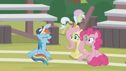 Size: 1366x768 | Tagged: safe, screencap, character:ambrosia, character:fluttershy, character:pinkie pie, character:rainbow dash, species:pony, episode:2-4-6 greaaat, bleachers, cap, clothing, field, hammer, hat, laughing, outdoors, plank, whistle