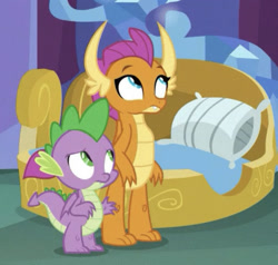 Size: 750x713 | Tagged: safe, screencap, character:smolder, character:spike, species:dragon, episode:father knows beast, g4, my little pony: friendship is magic, bed, dragoness, duo, female, looking up, male, winged spike
