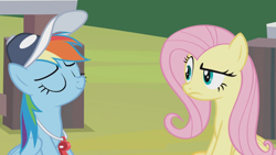 Size: 1366x768 | Tagged: safe, screencap, character:fluttershy, character:rainbow dash, species:pegasus, species:pony, episode:2-4-6 greaaat, cap, clothing, coach, coach rainbow dash, duo, eyes closed, female, folded wings, frown, hat, mare, raised eyebrow, sarcastic, skeptical, smiling, smirk, smug, whistle, wings