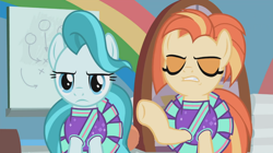 Size: 1366x766 | Tagged: safe, screencap, character:lighthoof, character:shimmy shake, species:earth pony, species:pony, episode:2-4-6 greaaat, angry, cheerleader, cheerleader outfit, clothing, duo, eyes closed, eyeshadow, female, gym, makeup, mare, pleated skirt, rainbow, raised hoof, skirt, upset