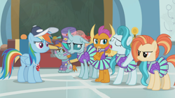 Size: 1364x766 | Tagged: safe, screencap, character:lighthoof, character:ocellus, character:rainbow dash, character:shimmy shake, character:smolder, character:snips, species:changedling, episode:2-4-6 greaaat, cap, chalkboard, cheerleader, cheerleader ocellus, cheerleader outfit, cheerleader smolder, chest, clothing, crossed arms, face paint, flag, gym, hat, pleated skirt, ponytail, quitting, skirt, top hat, upset