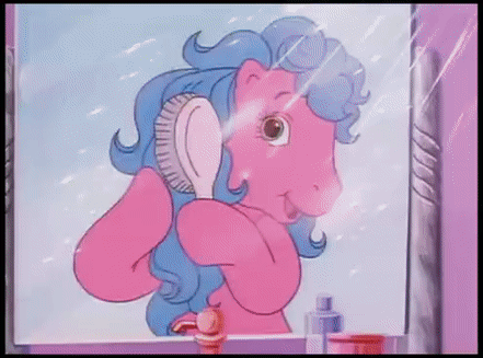Size: 441x327 | Tagged: safe, screencap, character:melody, species:earth pony, species:pony, g1, my little pony tales, '90s, animated, brush, brushing, gif, mirror