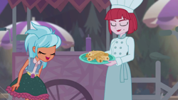 Size: 1916x1080 | Tagged: safe, screencap, character:frosty orange, equestria girls:sunset's backstage pass, g4, my little pony:equestria girls, background human, chef's hat, churros, clothing, eyes closed, female, food, food cart, hat, outdoors, plate, puffed pastry