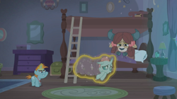 Size: 1366x766 | Tagged: safe, screencap, character:ocellus, character:snips, character:yona, species:changedling, species:changeling, species:pony, species:reformed changeling, species:unicorn, species:yak, episode:2-4-6 greaaat, bed, blanket burrito, bunk bed, carpet, chest, clock, colt, curtain, dark, dormitory, drawer, female, ladder, lamp, levitation, magic, male, mirror, picture frame, pillow, rug, sleepy, stool, telekinesis, trio, whistle
