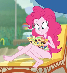 Size: 484x524 | Tagged: safe, screencap, character:feather bangs, character:pinkie pie, episode:friendship math, g4, my little pony:equestria girls, barefoot, clothing, feet, legs, sleeveless, swimsuit