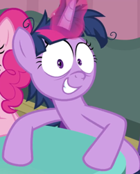 Size: 754x932 | Tagged: safe, screencap, character:pinkie pie, character:twilight sparkle, character:twilight sparkle (alicorn), species:alicorn, species:earth pony, species:pony, episode:a trivial pursuit, g4, my little pony: friendship is magic, crazy face, cropped, faec, female, hooves on the table, looking at you, magic, magic aura, mare, messy mane, offscreen character, shrunken pupils, smiling, solo focus, twilight snapple, twilight sparkle is best facemaker, twilynanas, wide eyes