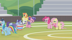 Size: 1366x764 | Tagged: safe, screencap, character:berry blend, character:berry bliss, character:citrus blush, character:fluttershy, character:november rain, character:pinkie pie, character:rainbow dash, character:summer breeze, species:pony, episode:2-4-6 greaaat, bleachers, cap, clothing, field, friendship student, groan, hat, sad, whistle, wrong cutie mark