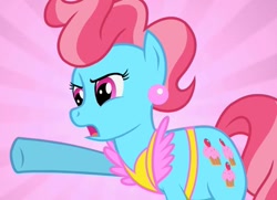 Size: 479x346 | Tagged: safe, screencap, character:cup cake, species:earth pony, species:pony, apron, clothing, ear piercing, earring, female, jewelry, mare, open mouth, piercing, pointing, solo, sunburst background
