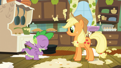 Size: 1280x720 | Tagged: safe, screencap, character:applejack, character:spike, species:dragon, species:earth pony, species:pony, episode:spike at your service, g4, my little pony: friendship is magic, apple, apple pie, bowing, drawer, duo, egg, egg carton, eyes closed, female, food, frying pan, kitchen, male, mare, mess, pie