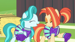 Size: 1920x1080 | Tagged: safe, screencap, character:lighthoof, character:shimmy shake, species:earth pony, species:pony, episode:2-4-6 greaaat, buckball field, cheerleader outfit, clothing, cute, duo, eyes closed, female, hay bale, lightorable, mare, shakeabetes, smiling