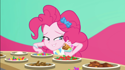 Size: 1922x1080 | Tagged: safe, screencap, character:pinkie pie, episode:tip toppings, g4, my little pony:equestria girls, candy, chocolate, cup, female, food, froyo, frozen yogurt, jelly beans, smiling, sneaking, sneaky, spoon, tip toppings: applejack, toppings