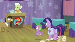Size: 1920x1080 | Tagged: safe, screencap, character:granny smith, character:matilda, character:spike, character:twilight sparkle, character:twilight sparkle (alicorn), species:alicorn, species:donkey, species:dragon, species:pony, episode:a trivial pursuit, g4, my little pony: friendship is magic, female, flying, male, saddle bag, winged spike, wings