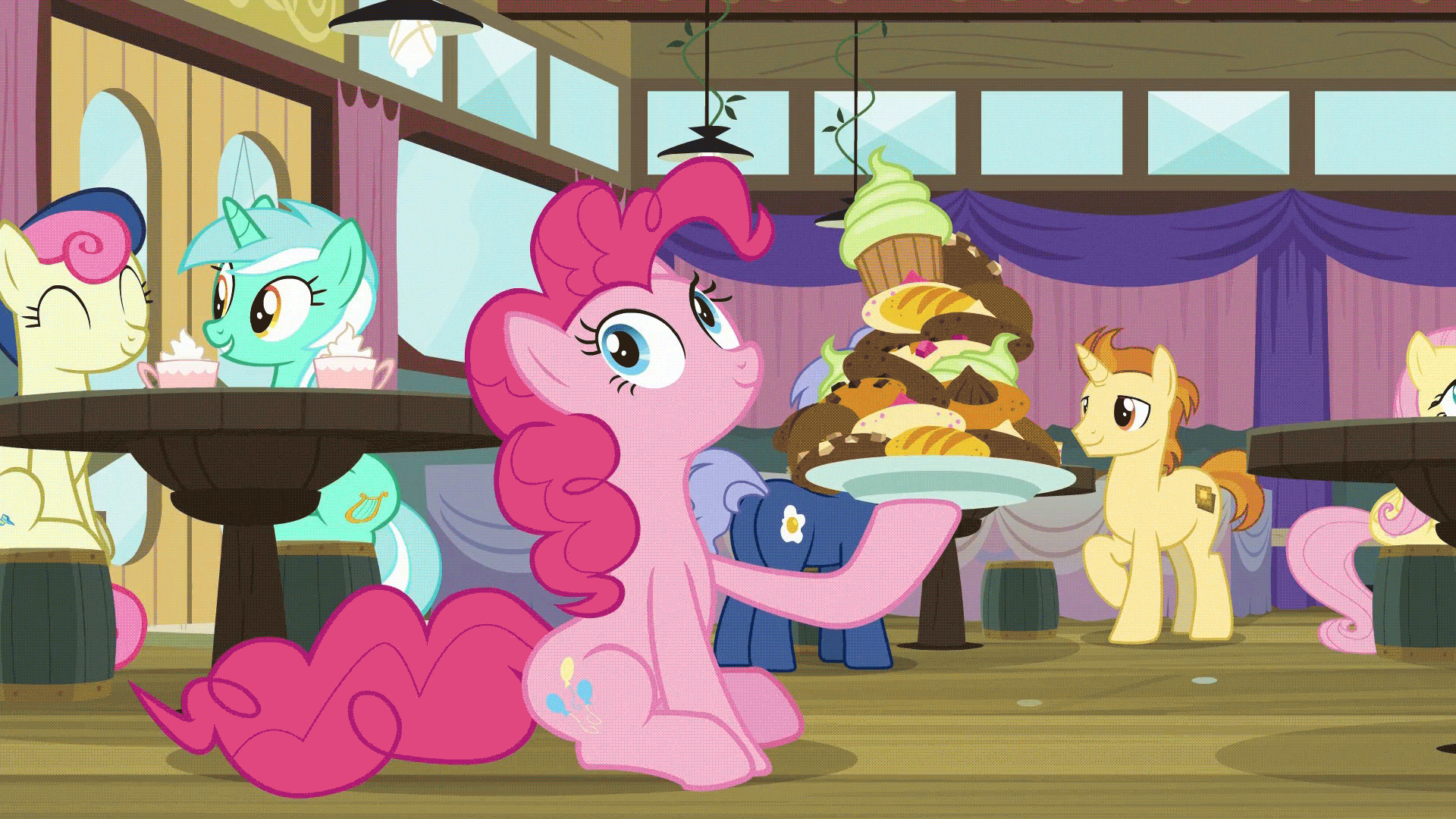 Size: 1920x1080 | Tagged: safe, screencap, character:bon bon, character:fluttershy, character:golden crust, character:lyra heartstrings, character:midnight snack, character:pinkie pie, character:sweetie drops, species:earth pony, species:pegasus, species:pony, species:unicorn, episode:a trivial pursuit, g4, my little pony: friendship is magic, animated, chubbie pie, chubby, cupcake, cute, diapinkes, faec, fat, food, friendship student, gif, grin, pinkie being pinkie, pudgy pie, smiling, stuffed, stuffing, that pony sure does love eating, weight gain