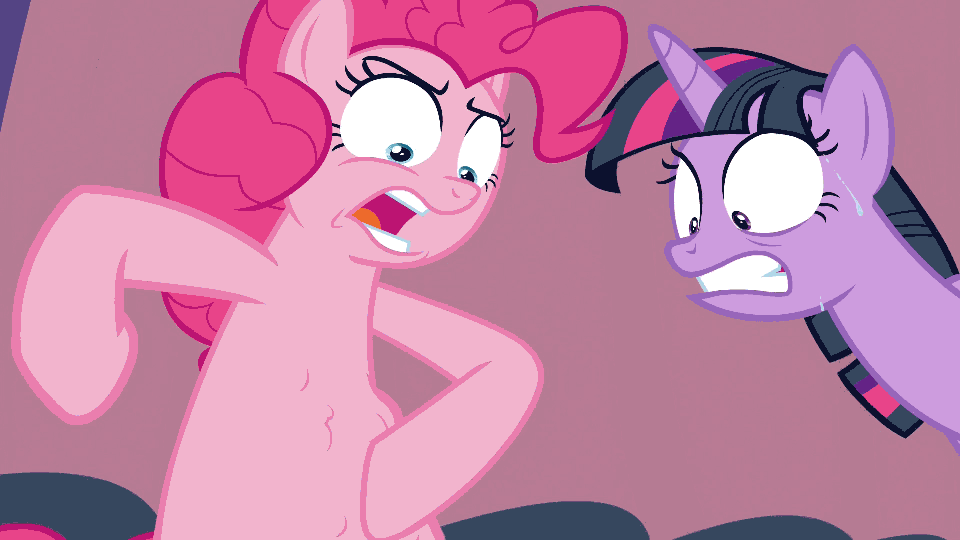 Size: 1920x1080 | Tagged: safe, screencap, character:pinkie pie, character:twilight sparkle, character:twilight sparkle (alicorn), species:alicorn, species:pony, episode:a trivial pursuit, g4, my little pony: friendship is magic, animated, belly, faec, gif, hungry, pinkie pie is not amused, poking, ripple, ripples, squishy, stomach growl, stomach noise, unamused