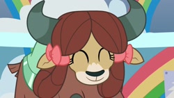 Size: 1920x1080 | Tagged: safe, screencap, character:yona, species:yak, episode:2-4-6 greaaat, bow, cheerful, cute, eyes closed, female, gym, hair bow, horns, monkey swings, smiling, solo, teenager, yonadorable