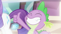Size: 1280x720 | Tagged: safe, screencap, character:rarity, character:spike, species:dragon, species:pony, episode:dragon dropped, g4, my little pony: friendship is magic, claws, cutie mark, eyes closed, fangs, female, flashback, gem, male, mare, offscreen character, thumbs up, winged spike