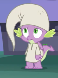 Size: 360x487 | Tagged: safe, screencap, character:spike, species:dragon, episode:dragon dropped, g4, my little pony: friendship is magic, claws, clothing, cropped, hat, male, nightcap, nightgown, pajamas, tail, winged spike, wings