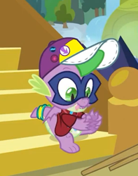 Size: 293x371 | Tagged: safe, screencap, character:humdrum, character:spike, species:dragon, episode:dragon dropped, episode:power ponies, g4, my little pony: friendship is magic, baby, baby dragon, cap, claws, clothing, cropped, feet, folded wings, hat, looking down, mask, slit eyes, tail, tail band, toes, tongue out, underfoot, wiggling toes, winged spike, wings