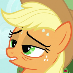 Size: 500x500 | Tagged: safe, screencap, character:applejack, species:earth pony, species:pony, episode:the super speedy cider squeezy 6000, g4, my little pony: friendship is magic, cropped, female, lip bite, mare, solo, sweat