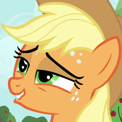 Size: 500x500 | Tagged: safe, screencap, character:applejack, species:earth pony, species:pony, episode:the super speedy cider squeezy 6000, g4, my little pony: friendship is magic, cropped, female, lip bite, mare, solo, sweat