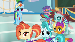 Size: 1280x720 | Tagged: safe, screencap, character:lighthoof, character:ocellus, character:rainbow dash, character:shimmy shake, character:smolder, character:snips, species:changedling, species:changeling, species:dragon, species:earth pony, species:pegasus, species:pony, species:reformed changeling, species:unicorn, episode:2-4-6 greaaat, bucktooth, cheerleader, cheerleader ocellus, cheerleader outfit, cheerleader smolder, clothing, coach, coach rainbow dash, coaching cap, colt, confused, curved horn, cute, diaocelles, dragoness, face paint, female, horn, horns, lightorable, male, mare, narrowed eyes, ponytail, shakeabetes, slit eyes, smolderbetes, teacher and student, teenaged dragon, teenager, upset, whistle, whistle necklace