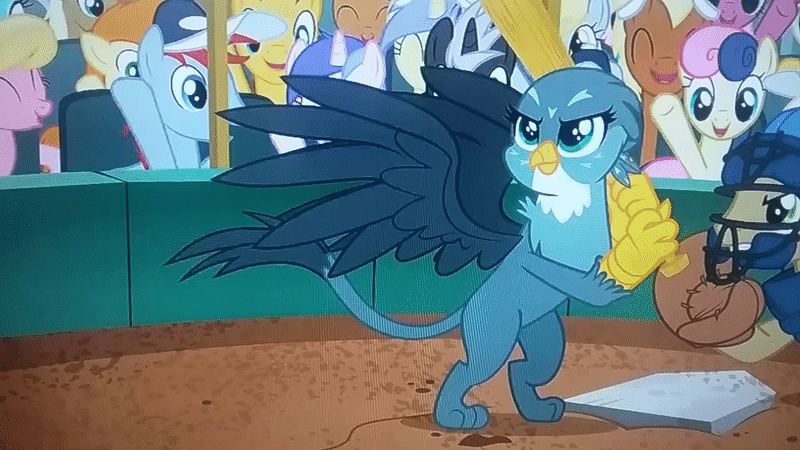 Size: 800x450 | Tagged: safe, screencap, character:bon bon, character:caramel, character:derpy hooves, character:gabby, character:sweetie drops, species:griffon, episode:the fault in our cutie marks, g4, my little pony: friendship is magic, animated, baseball, baseball bat, bipedal, gif, picture of a screen, sports, swing