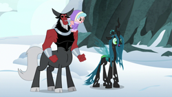 Size: 1280x720 | Tagged: safe, screencap, character:cozy glow, character:lord tirek, character:queen chrysalis, species:centaur, species:changeling, species:pegasus, species:pony, episode:frenemies, g4, my little pony: friendship is magic, bow, changeling queen, cloven hooves, female, filly, hair bow, male, nose piercing, nose ring, piercing, trio