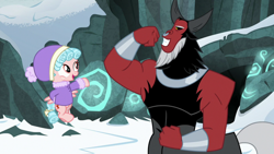 Size: 1920x1080 | Tagged: safe, screencap, character:cozy glow, character:lord tirek, species:centaur, species:pegasus, species:pony, episode:frenemies, g4, my little pony: friendship is magic, clothing, duo, female, filly, flexing, foal, hat, male, nose piercing, nose ring, piercing, winter outfit