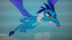 Size: 2560x1440 | Tagged: safe, screencap, character:princess ember, species:dragon, episode:triple threat, g4, my little pony: friendship is magic, flying, picture of a screen, sky, solo, spread wings, wings