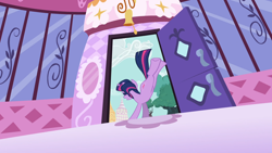 Size: 1920x1080 | Tagged: safe, screencap, character:twilight sparkle, character:twilight sparkle (unicorn), species:pony, species:unicorn, episode:lesson zero, g4, my little pony: friendship is magic, bell, bucking, carousel boutique, door, dutch angle, dynamic entry, mirror, solo