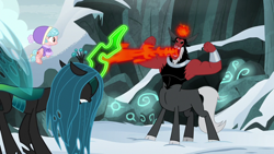 Size: 1920x1080 | Tagged: safe, screencap, character:cozy glow, character:lord tirek, character:queen chrysalis, species:centaur, species:changeling, species:pegasus, species:pony, episode:frenemies, g4, my little pony: friendship is magic, changeling queen, clothing, cloven hooves, female, filly, foal, glowing horn, hat, horn, magic drain, snow, trio, winter outfit