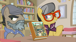 Size: 1920x1079 | Tagged: safe, screencap, character:a.k. yearling, character:doctor caballeron, species:earth pony, species:pegasus, species:pony, episode:daring doubt, g4, my little pony: friendship is magic, book, book signing, bookstore, clothing, disguise, duo, fake beard, female, flat cap, george r.r. martin, groom q.q. martingale, hat, lidded eyes, male, mare, raised hoof, smiling, stallion