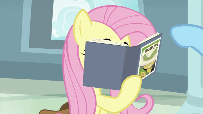 Size: 800x450 | Tagged: safe, screencap, character:fluttershy, character:rainbow dash, species:pegasus, species:pony, episode:daring doubt, g4, my little pony: friendship is magic, animated, apologetic, book, cute, daring do book, gif, looking up, push, saddle bag, sheepish grin, shyabetes, smiling, whoops, wing hands, wings