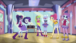 Size: 1920x1080 | Tagged: safe, screencap, character:lemon zest, character:rarity, character:sour sweet, character:sugarcoat, character:sunny flare, character:twilight sparkle, character:twilight sparkle (scitwi), species:eqg human, equestria girls:dance magic, g4, my little pony:equestria girls, angry, animated, boombox, boots, bracelet, clothing, converse, crystal prep academy, discovery family logo, female, freckles, glasses, headphones, high heel boots, high heels, jewelry, marshmelodrama, mary janes, pantyhose, pigtails, ponytail, rarity being rarity, rarity is not amused, shawl, shoes, skirt, sleeveless, sneakers, socks, sound, street ballet tutu, tutu, twintails, unamused, webm