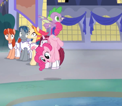 Size: 1211x1055 | Tagged: safe, screencap, character:cayenne, character:fire flare, character:pinkie pie, character:spike, species:dragon, species:earth pony, species:pony, species:unicorn, episode:the summer sun setback, g4, my little pony: friendship is magic, cropped, female, hot streak, male, mare, night fire, smiling, stallion, tail, winged spike