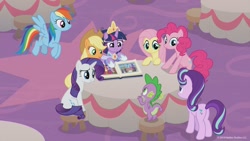 Size: 1280x720 | Tagged: safe, screencap, character:applejack, character:fluttershy, character:pinkie pie, character:rainbow dash, character:rarity, character:spike, character:starlight glimmer, character:twilight sparkle, character:twilight sparkle (alicorn), species:alicorn, species:dragon, species:pony, episode:deep tissue memories, episode:harvesting memories, episode:memories and more, bipedal, bipedal leaning, book, clothing, coronation dress, crown, dress, jewelry, leaning, mane seven, mane six, messy mane, regalia, second coronation dress, table, winged spike