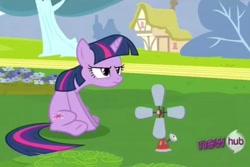 Size: 960x640 | Tagged: safe, screencap, character:twilight sparkle, character:twilight sparkle (unicorn), species:pony, species:unicorn, anemometer, female, frown, mare, sitting, solo