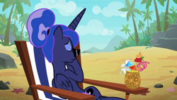 Size: 1920x1080 | Tagged: safe, screencap, character:princess luna, species:alicorn, species:pony, episode:between dark and dawn, g4, my little pony: friendship is magic, alternate hairstyle, beach, drink, eyes closed, eyeshadow, female, folded wings, hair bun, lonely, makeup, mare, sad, solo, this will end in pain, this will end in sunburn, upset, we don't normally wear clothes, wings