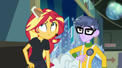 Size: 1280x720 | Tagged: safe, screencap, character:microchips, character:sunset shimmer, episode:all the world's off stage, g4, my little pony:equestria girls, all the world's off stage: micro chips, clothing, cyoa, director shimmer, female, glasses, male